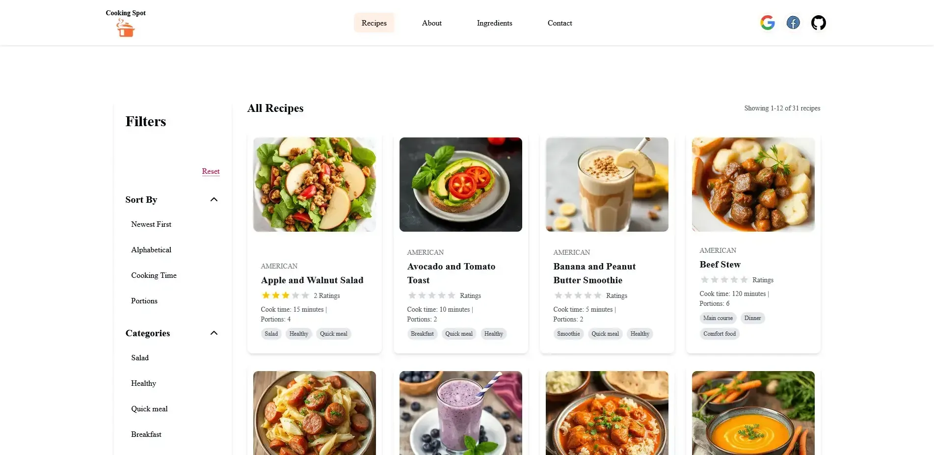 A modern recipe website interface with sorting, filtering, and interactive user features.