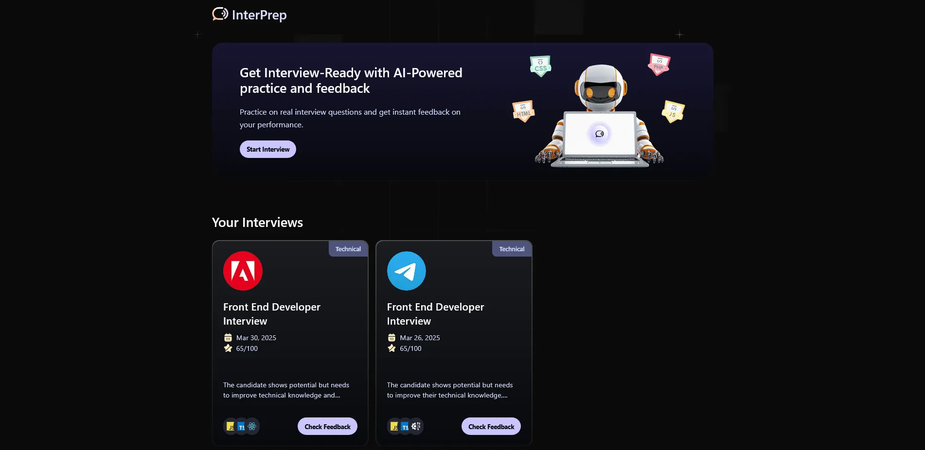 AI-powered interview preparation platform interface.