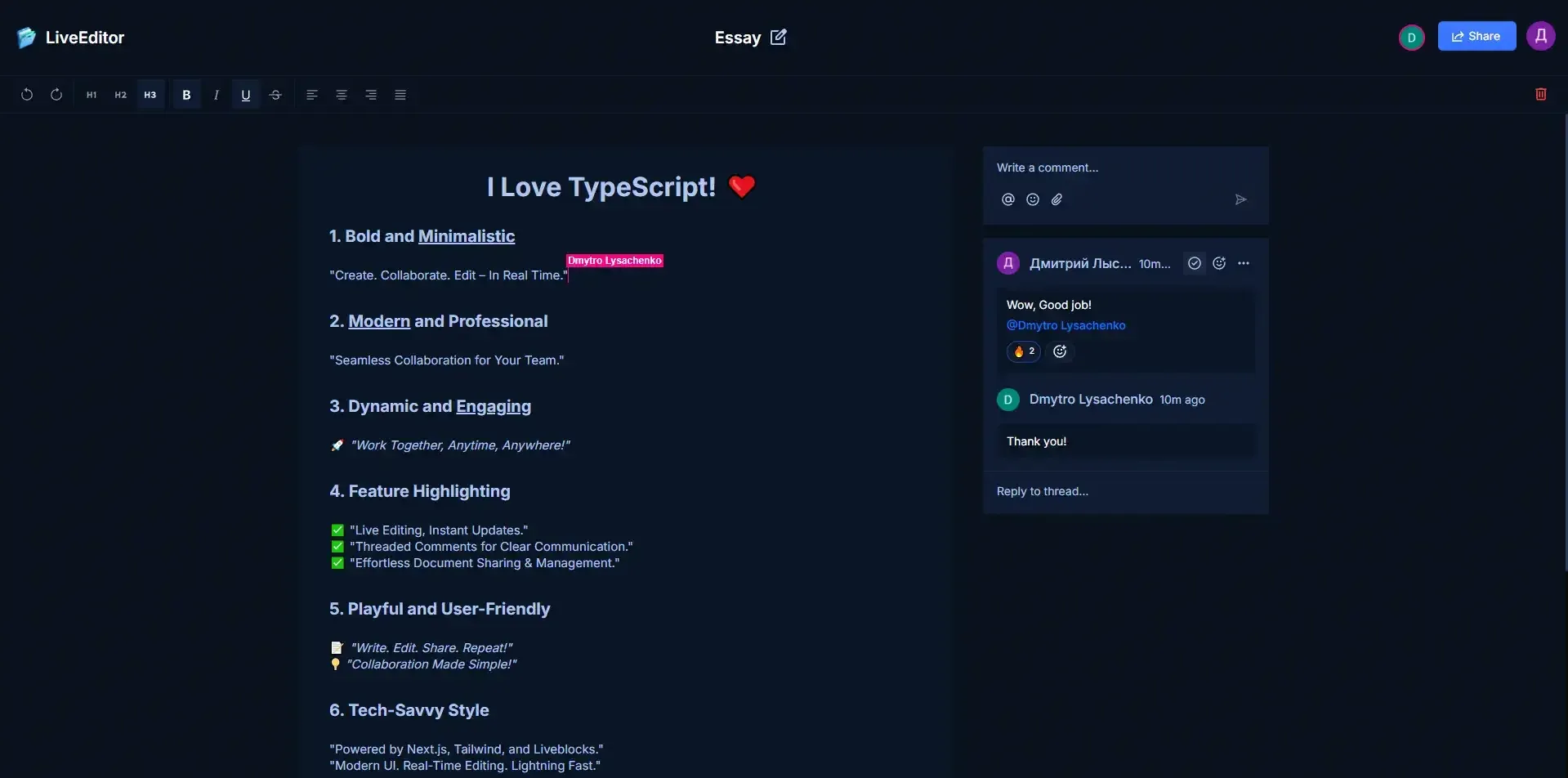 A screenshot of a collaborative document editing interface with real-time updates and presence indicators.