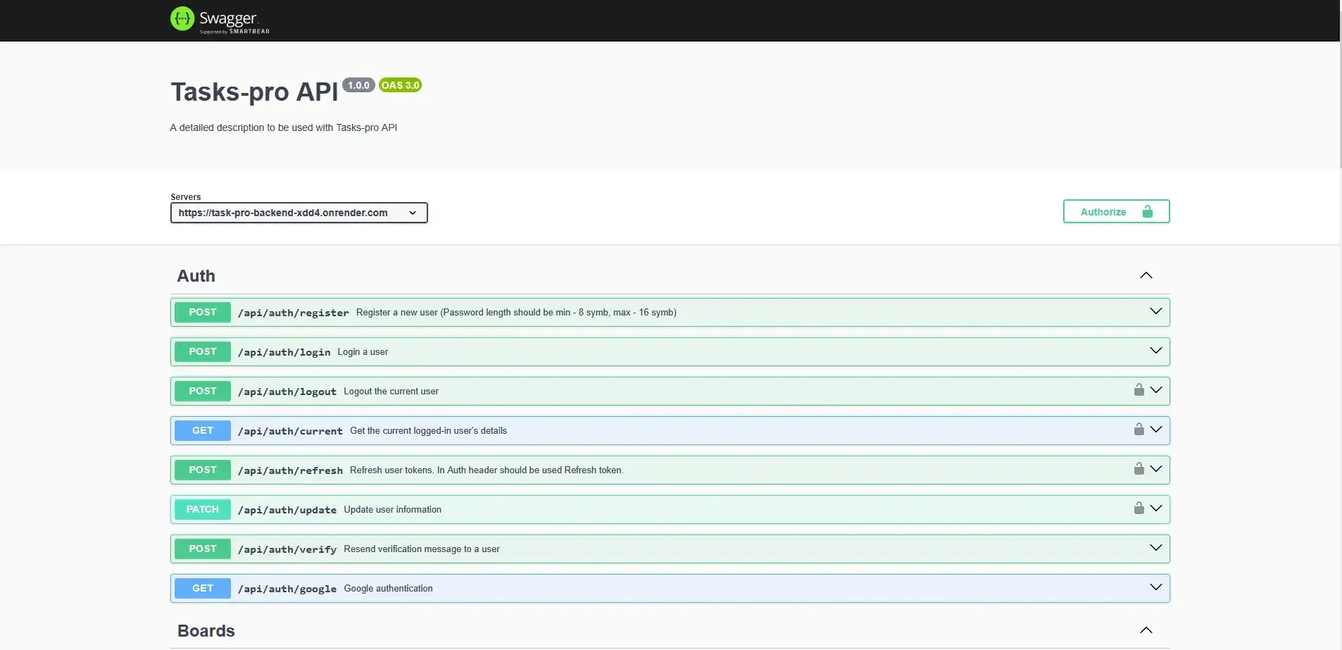 API documentation showcasing endpoints for authentication, task management, and mailing services.