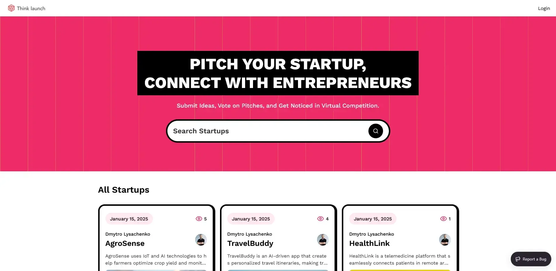 A web app interface displaying startup pitches and curated collections for entrepreneurs.